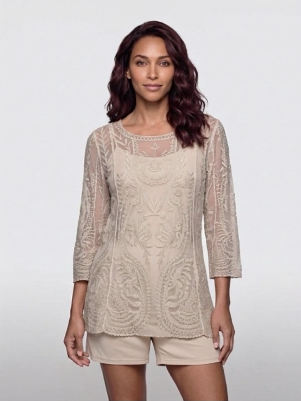 Pinky Embroidered Cream Women's sheer top Sz Small
